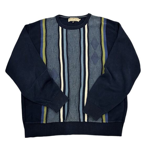 Norm Thompson Knit Sweater Mens Size L Blue Vertical Striped Crew Neck Vintage - Picture 1 of 8